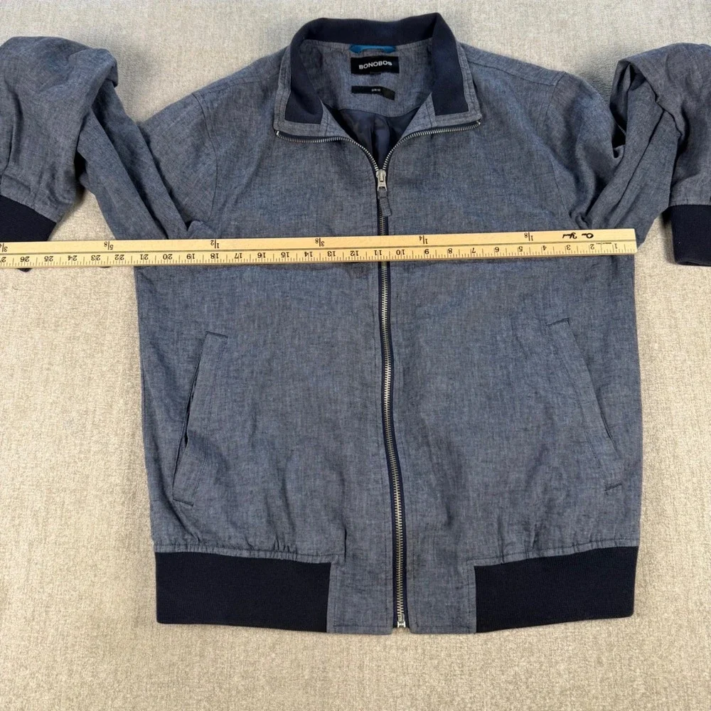 Bonobos Bomber Jacket Men M Gray Blue Linen Cotton Blend Zip Harrington